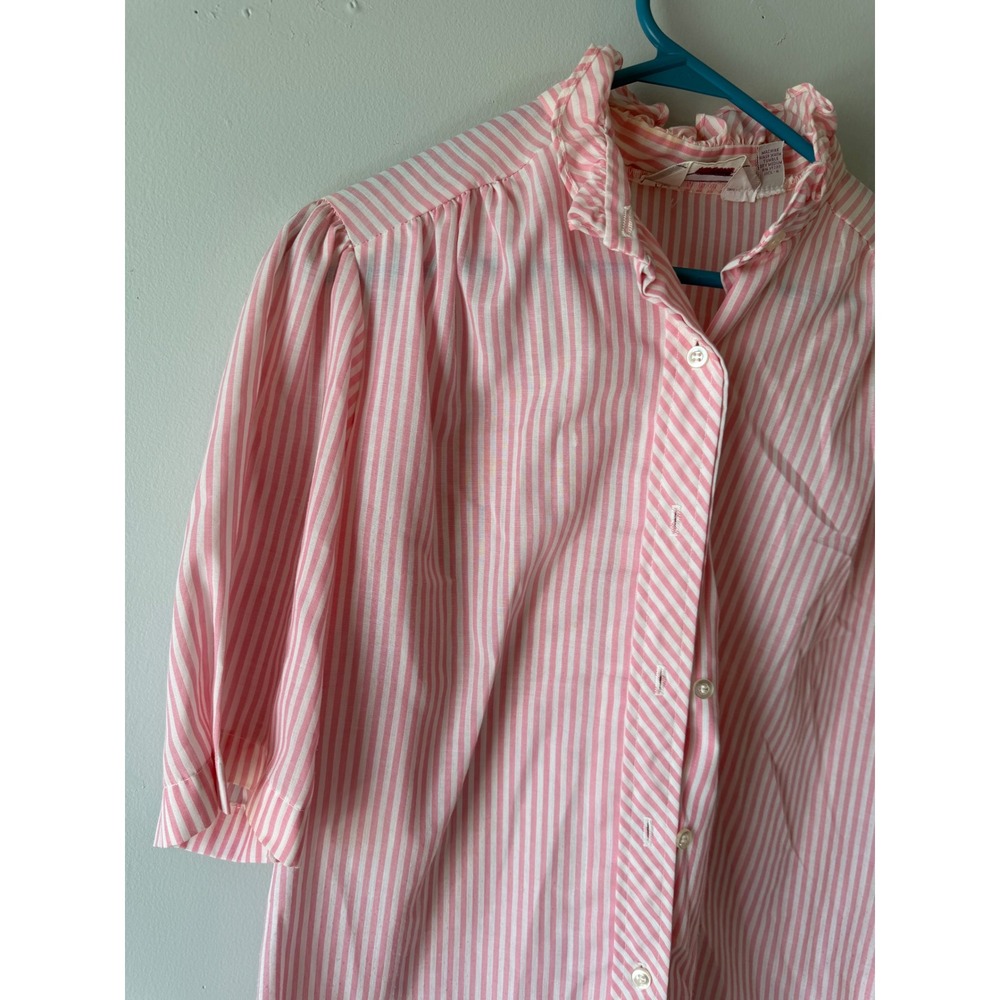 Vintage Honors Pink White Striped Ruffle Neck Puff Sleeve Blouse Top Size 11/12 - Picture 4 of 7